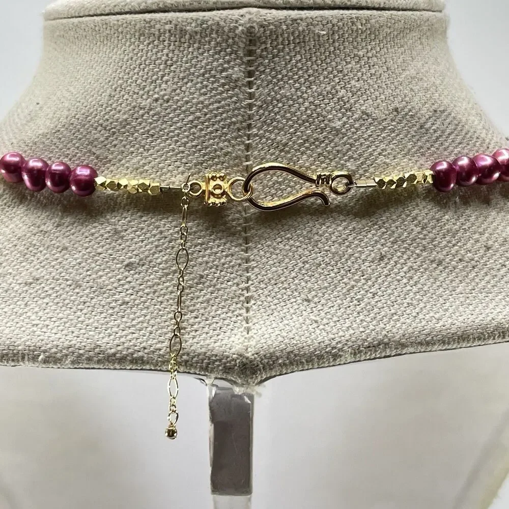 Pink Freshwater Pearl Beaded Gold Tone Necklace Boho Hook Closure Statement